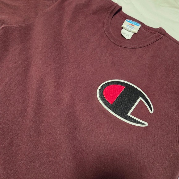 Champion Other - Vintage Champion Mens Big C Logo Patch T-Shirt Burgundy Cotton Crew Neck Large